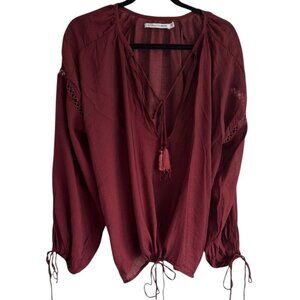 🩵Faithful The Brand Billowy Wine Colored Boho Top with Multiple Ties Women's M